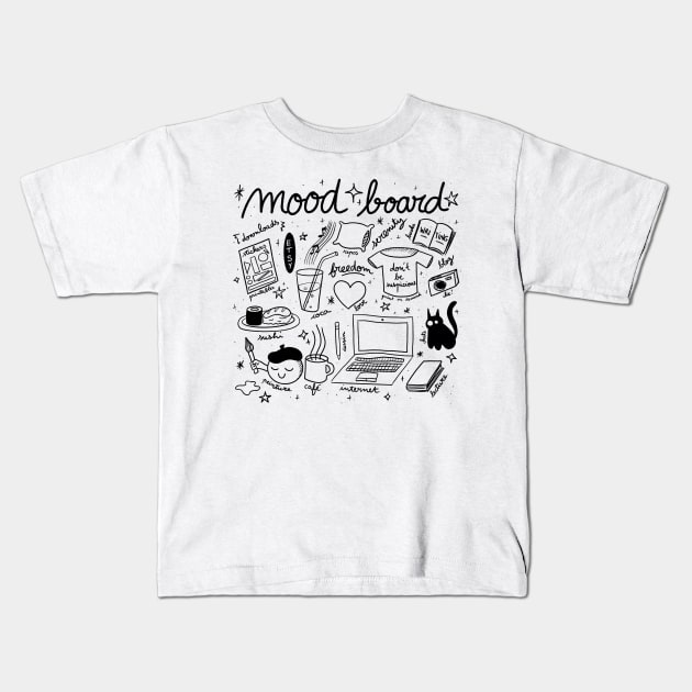 Mood Board Cats Tik Tok Writing Napping Sushi Coffee Reading Love Rest Serenity Photography Drawing Painting Lifestyle Happy Place Kids T-Shirt by nathalieaynie